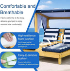 Kids Chaise Lounge Chair Outdoor, Toddler Wood Double Pool Lounger Chairs w/Canopy, Cup Holders, Removable Stripped Fabric Cushions, for Lawn, Pool, Garden, and Yard(Light Blue)