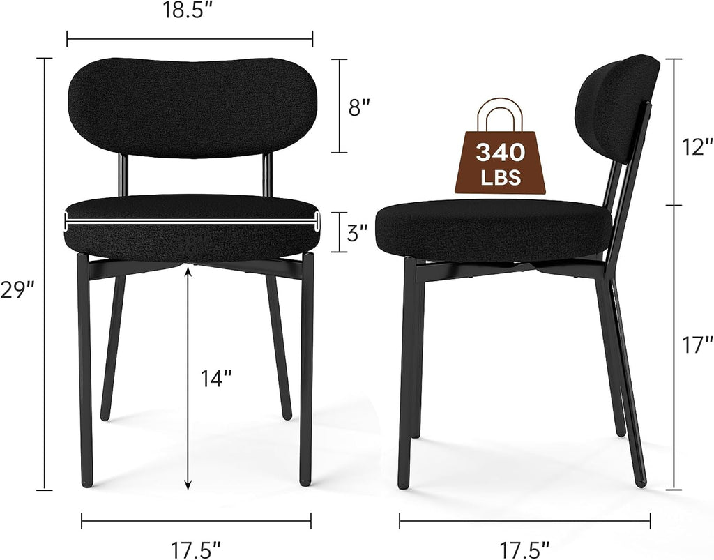 KROFEM Set of 4 Boucle Fabric Dining Chairs, Mid-Century Style Comfort Sponge Filled Seat Back Dining Room Chairs for Kitchen Dining Table，Black