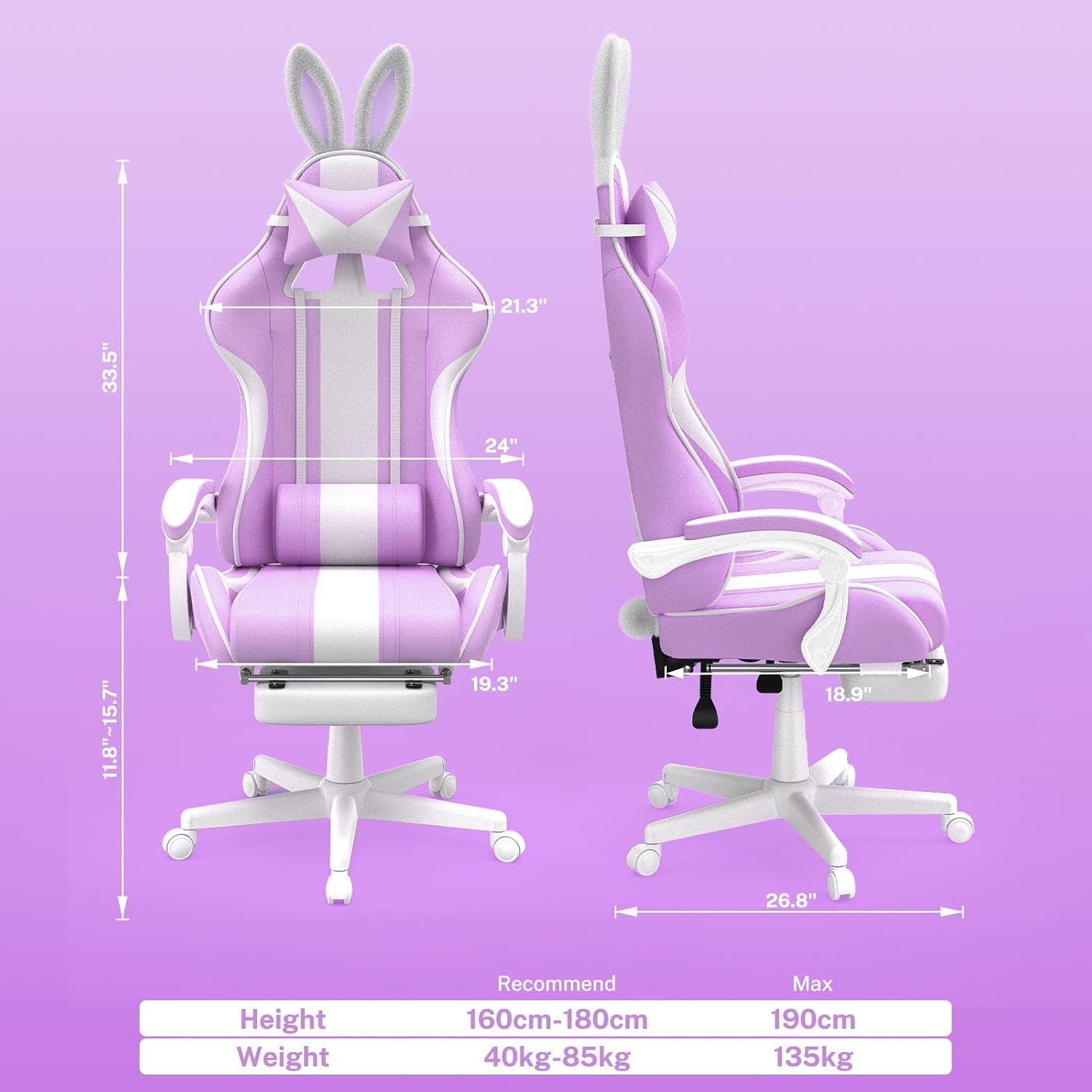 Ferghana Kawaii Light Purple Gaming Chair with Bunny Ears, Ergonomic Cute Gamer Chair with Footrest and Massage, Racing Reclining Leather Computer Game Chair for Girls Adults Teens Kids