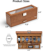 VLANDO Watch Box for Men, 6 Slot 2 Layer Watch Case, Brown | 6 slot 2 layer watch case with glass lid, lockable closure and lower storage for rings, keys and cufflinks