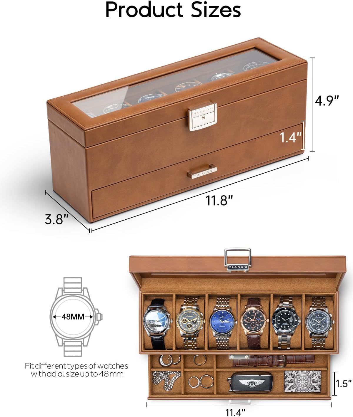 VLANDO Watch Box for Men, 6 Slot 2 Layer Watch Case, Brown | 6 slot 2 layer watch case with glass lid, lockable closure and lower storage for rings, keys and cufflinks