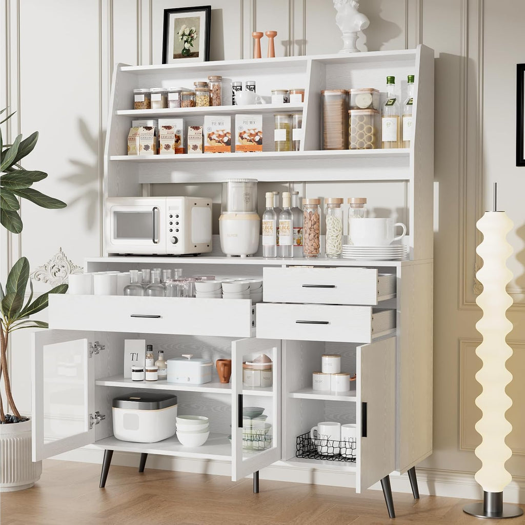 VOWNER Kitchen Hutch Storage Cabinet, Freestanding Kitchen Pantry with 2 Glass Doors and 3 Drawers, Modern Sideboard Buffet Cabinet, Barn Door Coffee Bar Station for Dining Room, Living Room (White)
