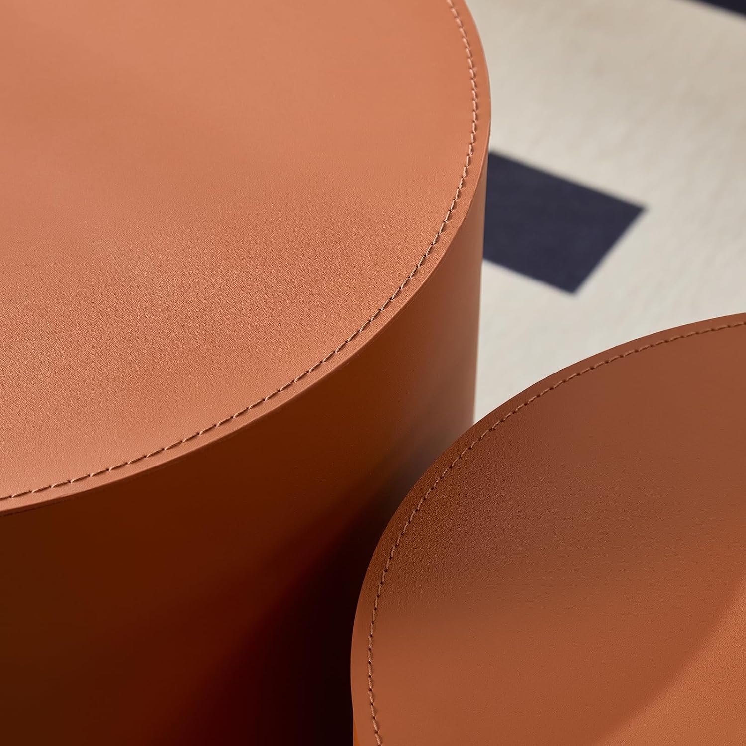 Modern Round Side Table Set of 2, MDF Core with Saddle Leather Upholstery, Cylinder Accent End Tables for Bedroom, Living Room, Apartment, Lounge, Bedside Decor, Coffee Table Use (Orange)