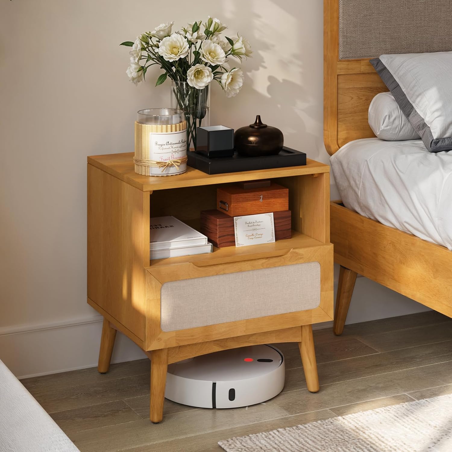 Bme Calista Nightstand 1 Drawer – Solid Wood Teak Brown Finish Bedside Table with Open Shelf & Fabric Panel Drawer, Mid-Century Modern Style with Tapered Legs, Easy Assembly