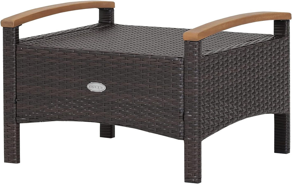 Tangkula 2 Piece Patio Rattan Ottomans, Outdoor Wicker Footstool w/Acacia Wood Handles, Soft Zippered Cushions, 3-in-1 Function Footstool Seat & Side Table for Backyard, Balcony, Poolside (Red)
