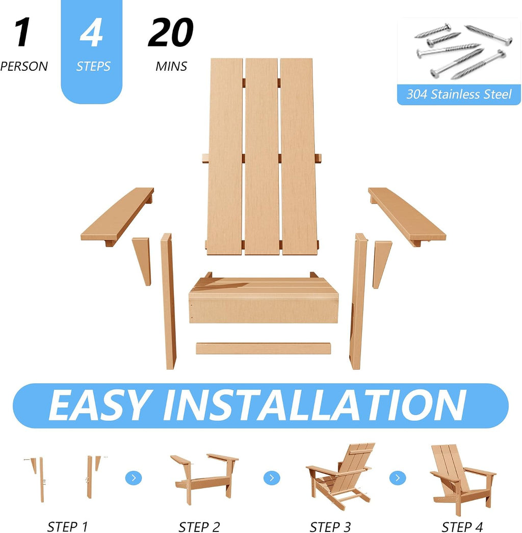 Kullavik Dual-Mode Adirondack Chairs Set of 4 with 2pcs Side Table, HDPE All-Weather Patio Chairs, Outdoor Lawn Chairs for Garden Backyard Porch Pool Deck Firepit, Teak