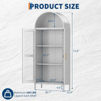 73 in Tall Arched Metal Storage Display Cabinet with Glass Door, Extra Large Capacity, 2 Adjustable Shelves, Modern Farmhouse Design for Kitchen Pantry,Living and Dining Room