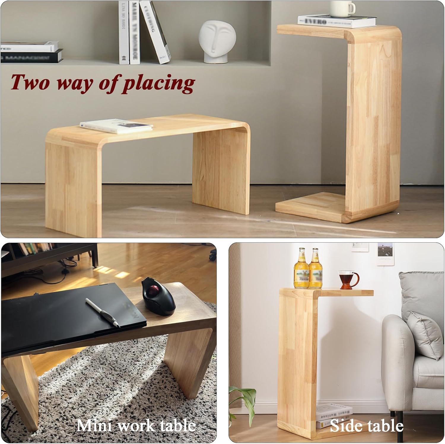 C-Shaped Side Table, Solid Wood End Table for Couch Sofa and Bed, Wooden C Tables for Living Room Bedroom, Small Snack Tray Table for Space Saving (1, 24.4" H-Natural)