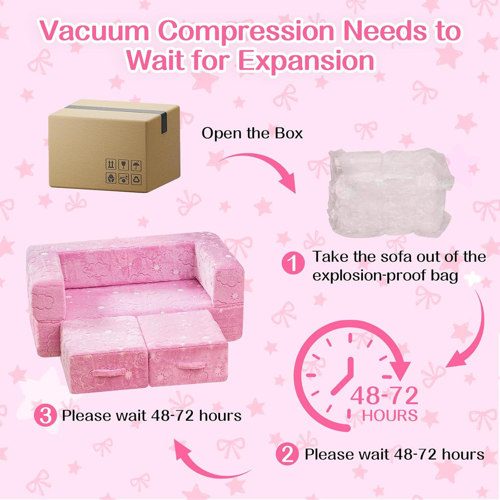 Lamerge Toddler Couch Glow in The Dark Toddler Fold Out Couch for playroom, Convertible Baby Fold Out Play Foam and Floor Cushion for Bedroom (Pink+Clouds)