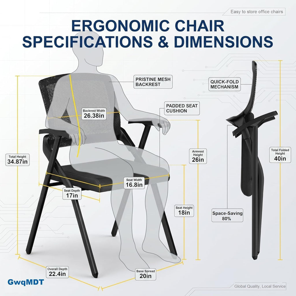 4 Pack Folding Office Chair with Arms, Foldable Conference Room Chairs, Flip-Top Nesting Guest Reception Chair, Breathable Mesh Back Space-Saving Classroom Training Seating, Heavy Duty Fixed Base (8)
