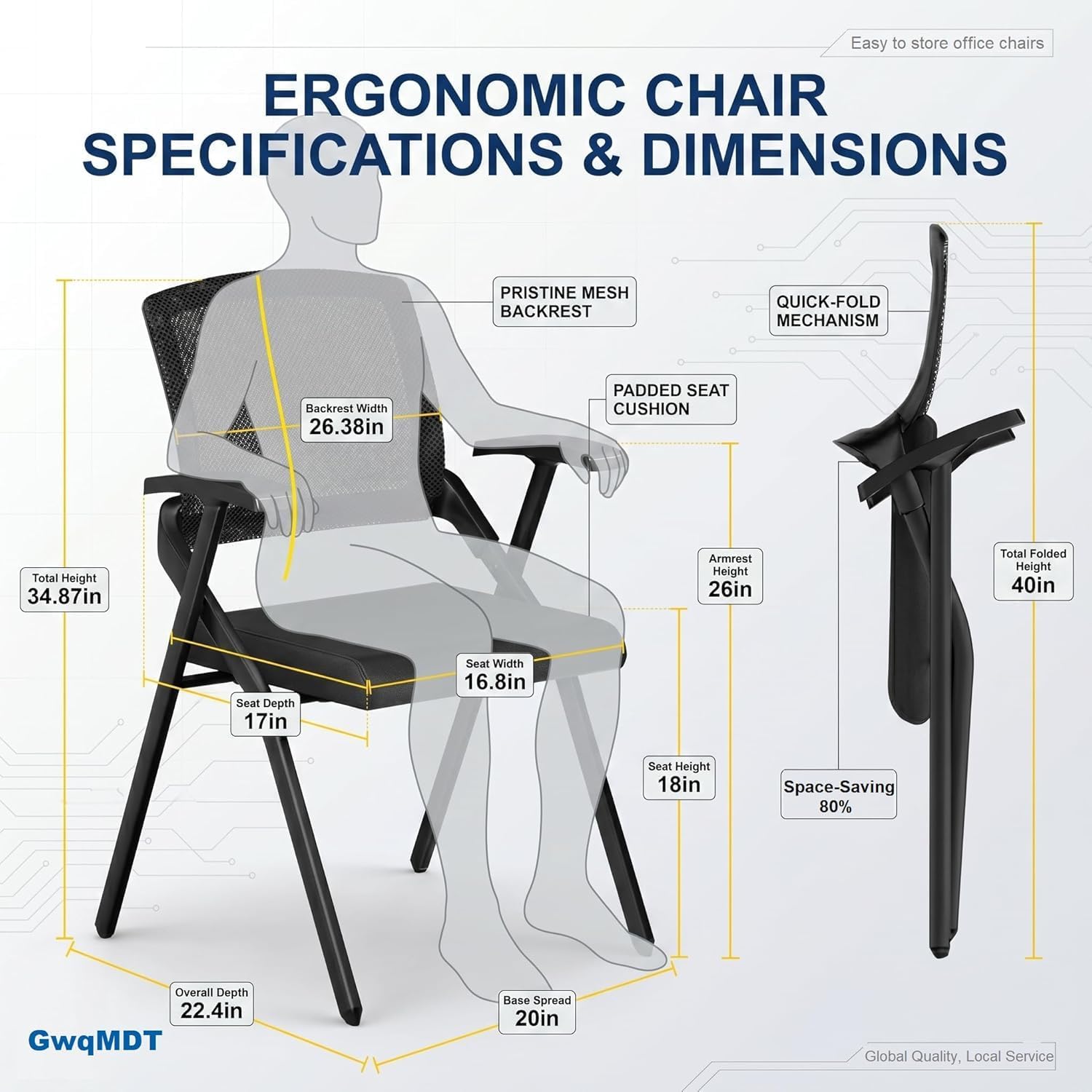 4 Pack Folding Office Chair with Arms, Foldable Conference Room Chairs, Flip-Top Nesting Guest Reception Chair, Breathable Mesh Back Space-Saving Classroom Training Seating, Heavy Duty Fixed Base (8)