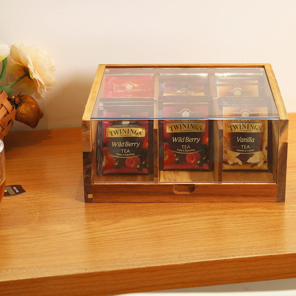 HTB Acacia Wood Tea Bag Organizer Storage Box with 6 Compartments | Tea Chest Box with Clear Acrylic Transparent Hinged Lid,Tea Bag Holder for Kitchen,Office,Bar,Coffee Station