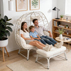 Double Wicker Egg Chair with Ottoman Oversized 2 Person Egg Basket Lounge Chair with Cushion & Footrest, Indoor Outdoor Boho Style Double Egg Chair for Patio Balcony Living Room, White-White