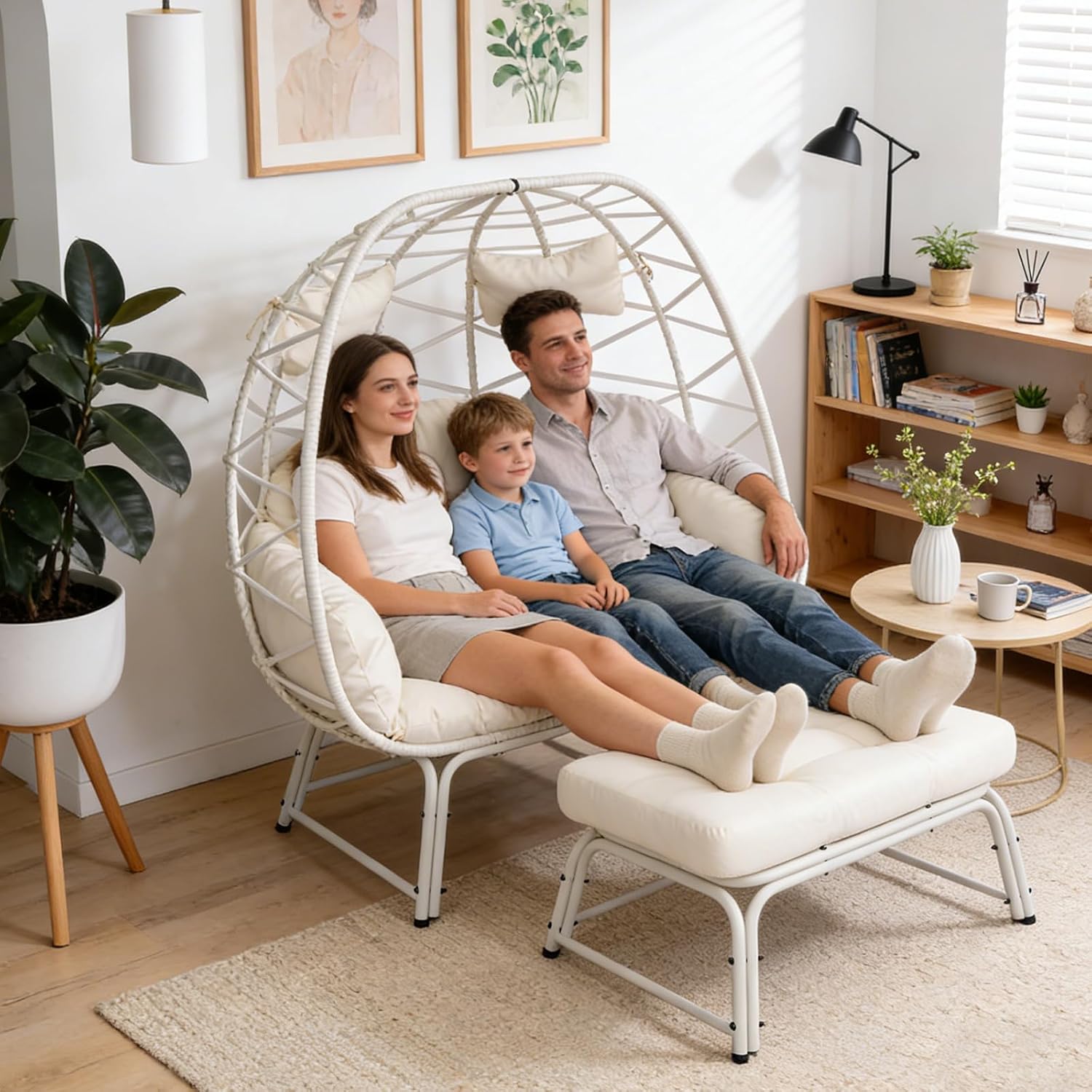 Double Wicker Egg Chair with Ottoman Oversized 2 Person Egg Basket Lounge Chair with Cushion & Footrest, Indoor Outdoor Boho Style Double Egg Chair for Patio Balcony Living Room, White-White