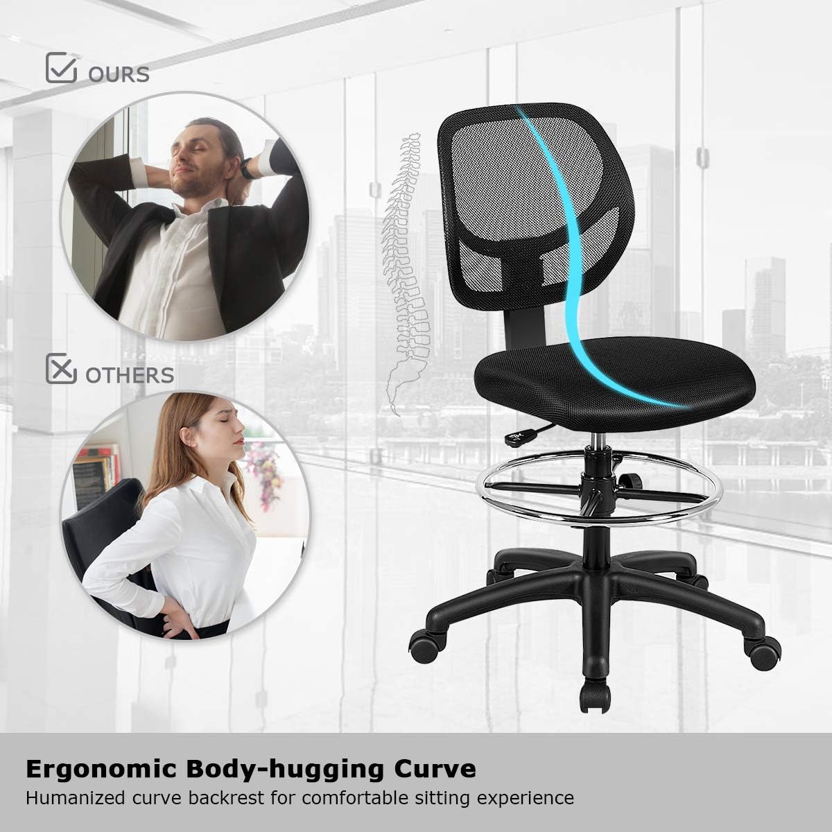 DORTALA Mesh Drafting Chair, St&ing Desk Chair w/Footrest Ring, Adjustable Height Chair Mid Back Tall Office Chair for Home Office, Black