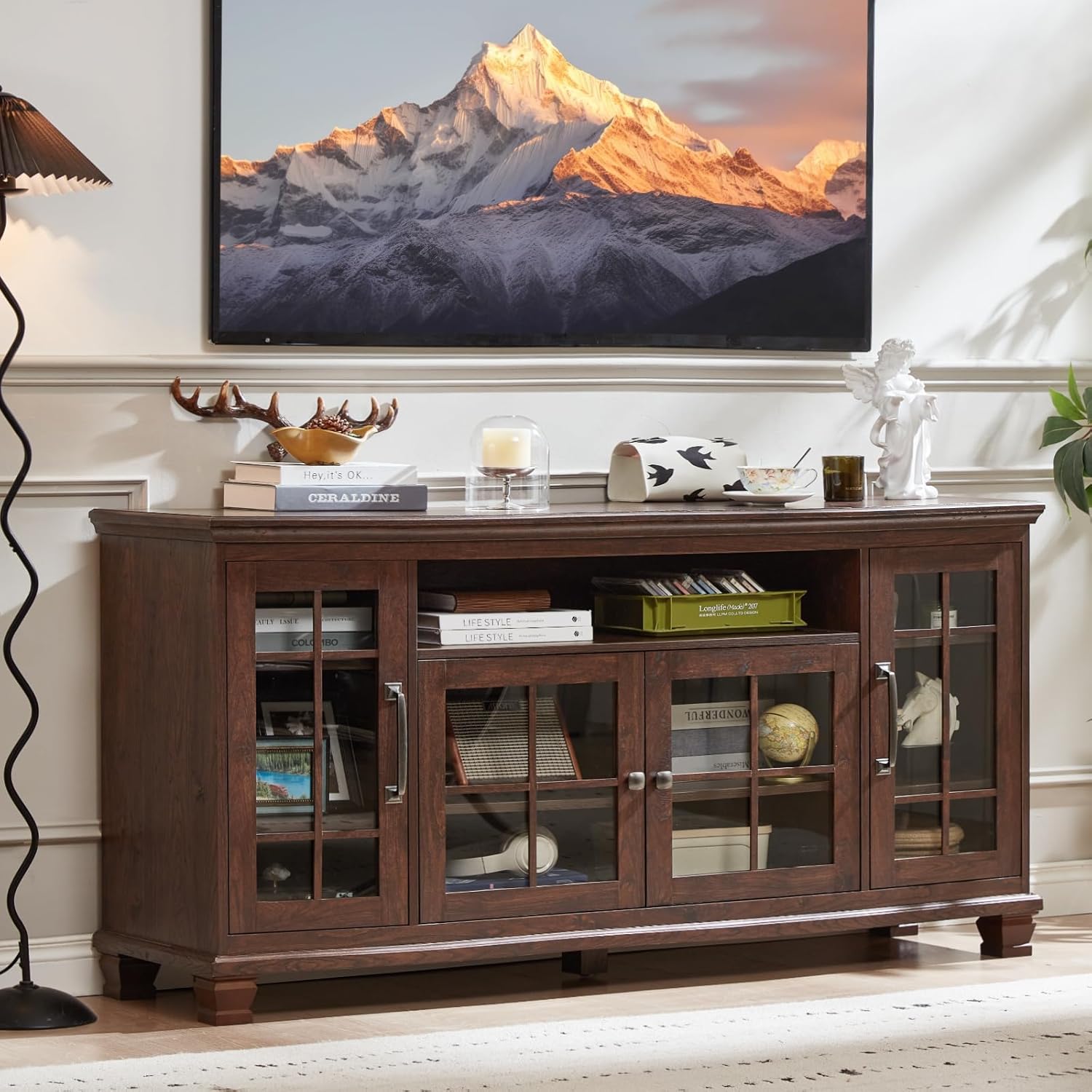 SAVOR LIFE Large Sideboard Buffet Cabinet with Storage,Vintage Walnut Farmhouse 60" Wide Sideboard Cabinets with Glass Doors & Wood Legs,Kitchen Coffee Bar Credenza for Dining Room, Living Room