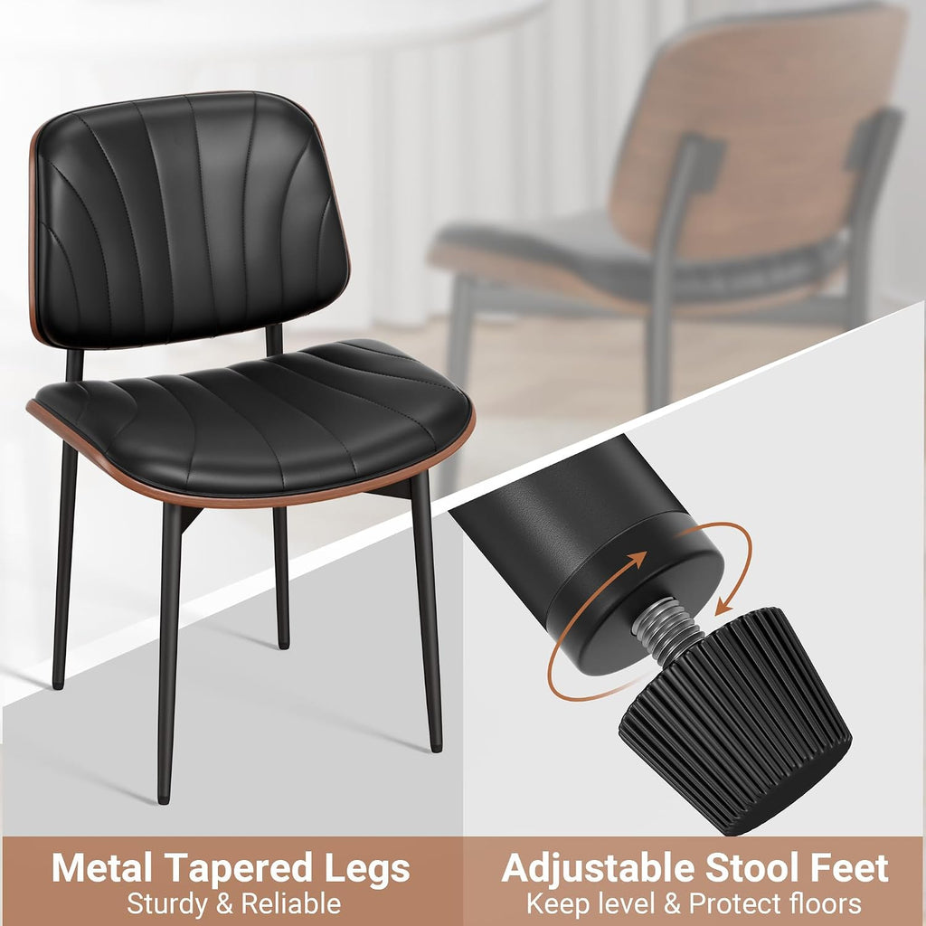 REONEY Dining Chairs Set of 2, Mid-Century Modern Upholstered PU Leather Chairs with Walnut Bentwood Back and Metal Legs Adjustable Feet for Kitchen, Black Shell Strips