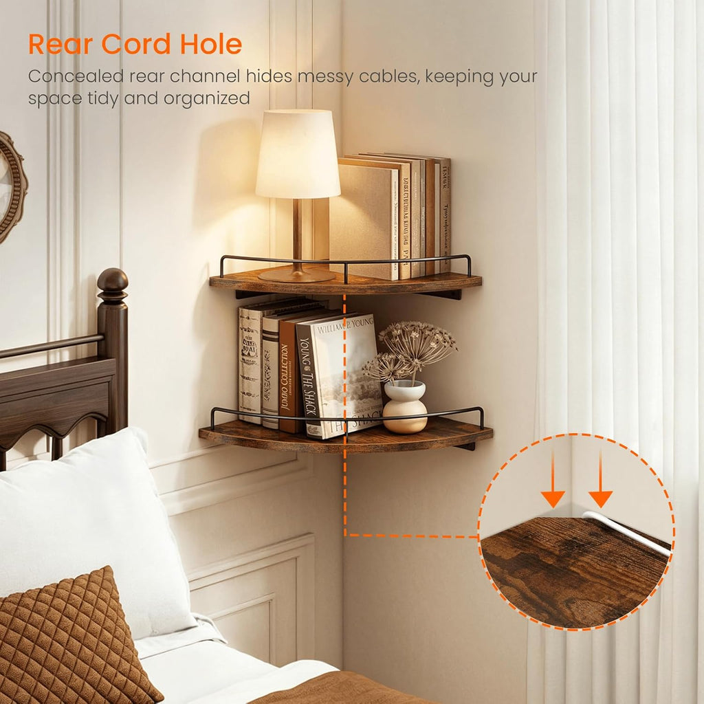 Homode Corner Shelf Wall Mounted Set of 3, Corner Floating Shelves 9/10/12 Inch Deep, Wood Round Corner Hanging Display Shelf with Guardrail for Bathroom Bedroom Kitchen Living Room, Rustic Brown