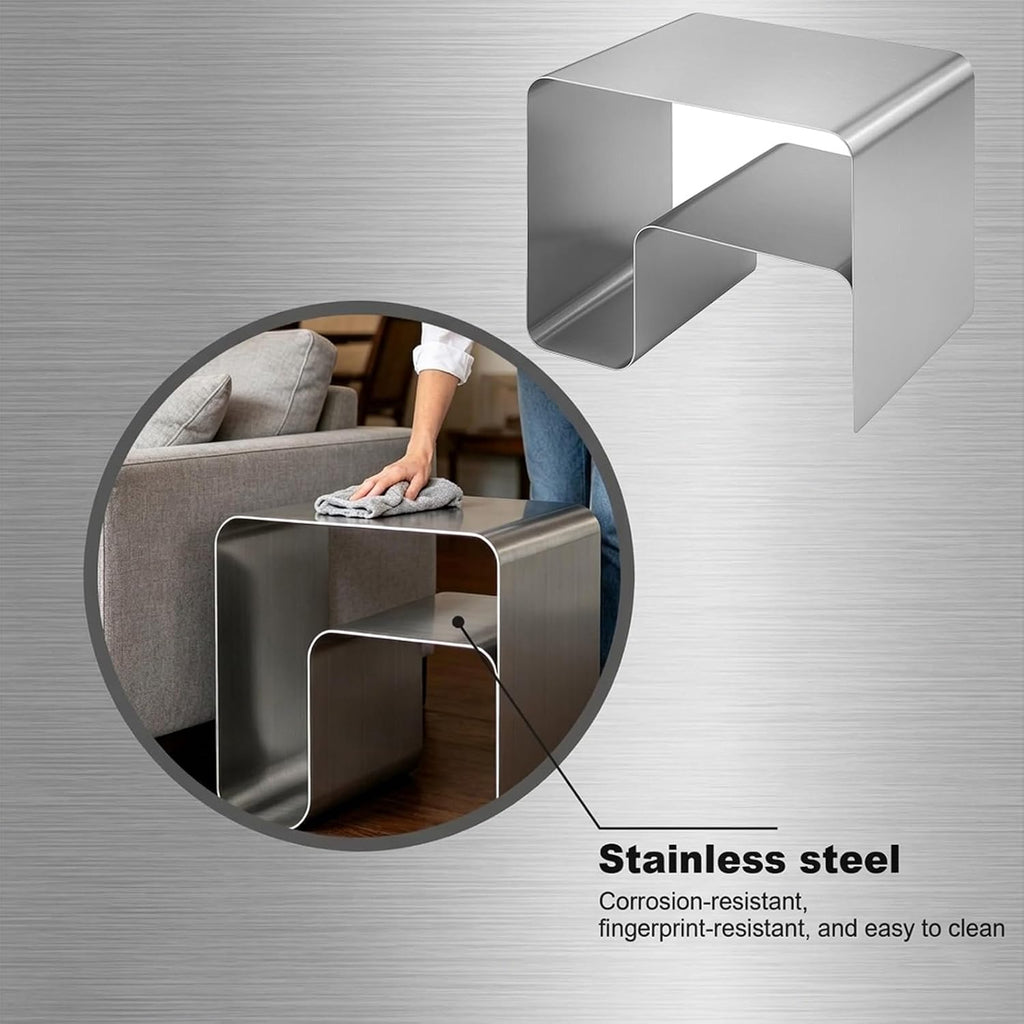 Minimalist Stainless Steel End Table, Modern Metal Frame Side Table and Sofa Table, Silver Accent Coffee Table, Elegant Small Nightstand with Magazine Rack Storage for Living Room Bedroom Office