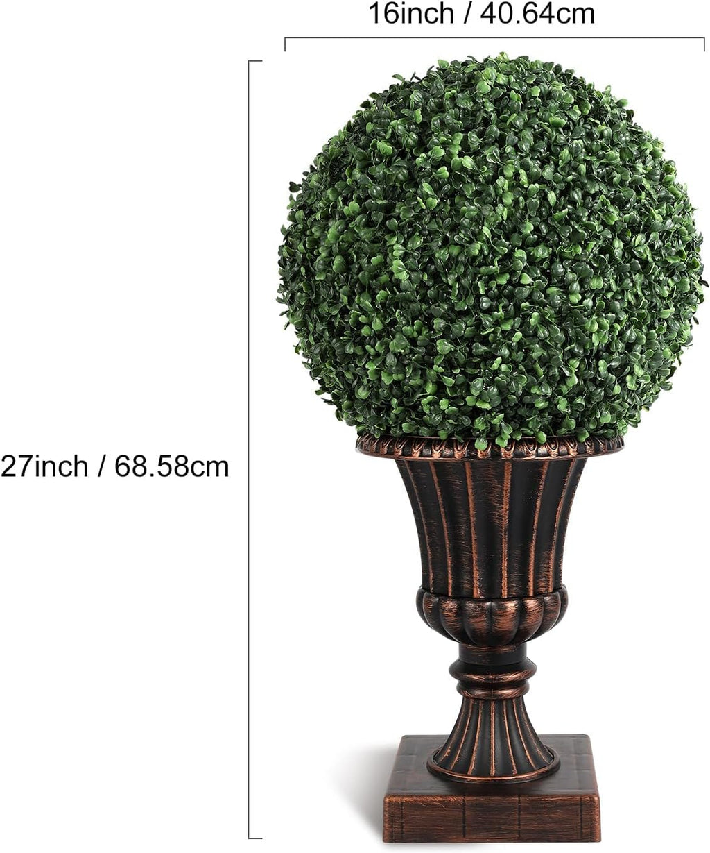 OUTLANE 25" Pre-Lit Topiary Trees Outdoor 2 Pack, 16" Faux Boxwood Ball with Lights, Fake Topiary Trees for Outdoors in Vintage Copper Urn Planter, Front Porch Decor Outdoor & Patio Plants