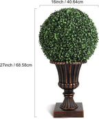 OUTLANE 25" Pre-Lit Topiary Trees Outdoor 2 Pack, 16" Faux Boxwood Ball with Lights, Fake Topiary Trees for Outdoors in Vintage Copper Urn Planter, Front Porch Decor Outdoor & Patio Plants