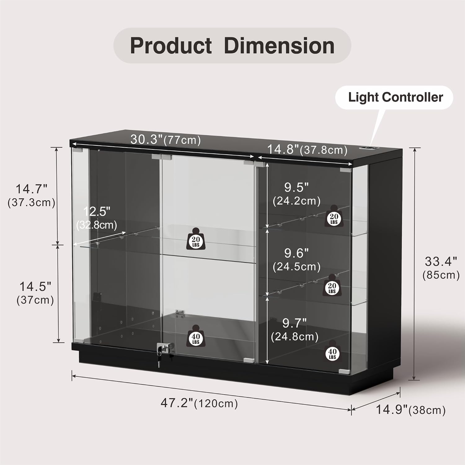 High Gloss Glass Display Cabinet with Lock & LED Light for Toys, Black | Curio Cabinet with Human Body Sensor & Glass Shelves, Display Case for Toys, Books, Collectibles, Sideboard for Living Room