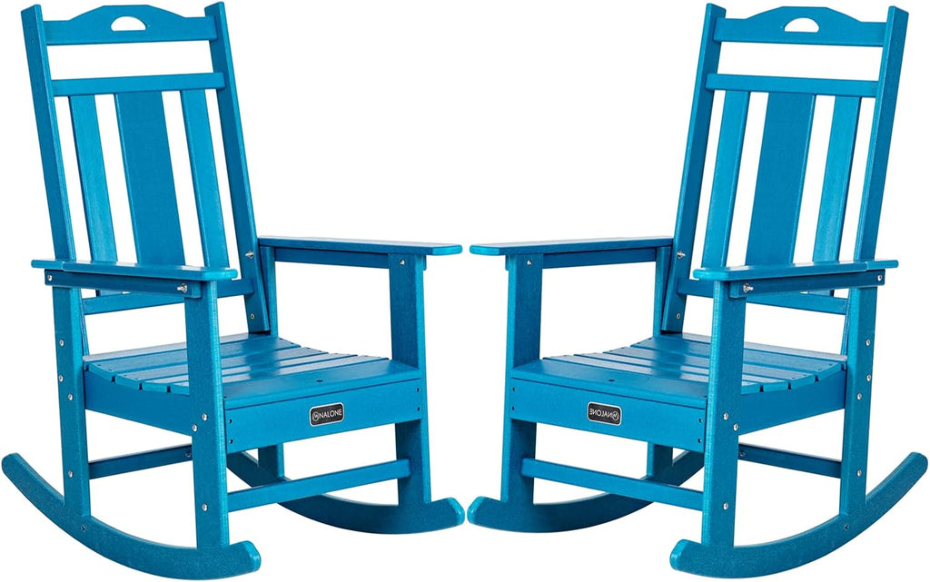 nalone Outdoor Rocking Chairs Set of 2, Oversized Porch Rocker Chair for Adult, All-Weather Resistant Patio Rocking Chair for Garden Lawn (Blue)