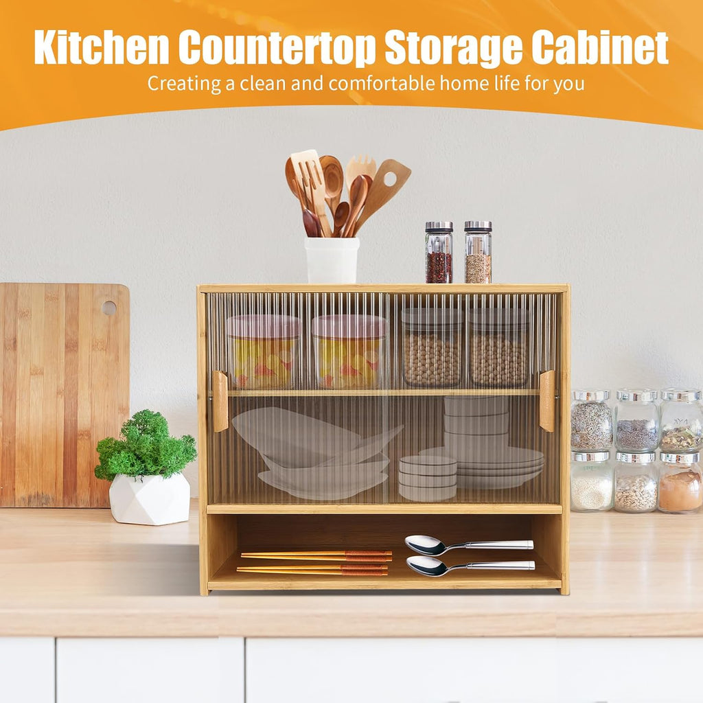 Small Bamboo Kitchen Pantry Sideboard, 3Tiers Freestanding Countertop Storage Cabinet with 2 Acrylic Doors Black Storage Shelf, Sliding Pantry Cabinet for Home Bar, Coffee Bar (Log-Colored)
