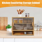 Small Bamboo Kitchen Pantry Sideboard, 3Tiers Freestanding Countertop Storage Cabinet with 2 Acrylic Doors Black Storage Shelf, Sliding Pantry Cabinet for Home Bar, Coffee Bar (Log-Colored)