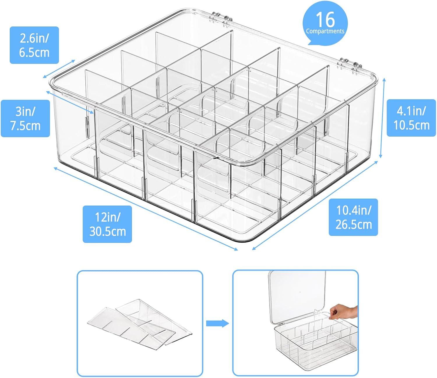 Tea Bags Organizer with Lid: Tea Bag Holder - Clear Stackable Tea Bag Storage Box with Adjustable Compartments for Tea Bags, Coffee Bar, Pantry & Kitchen Counter (Large)