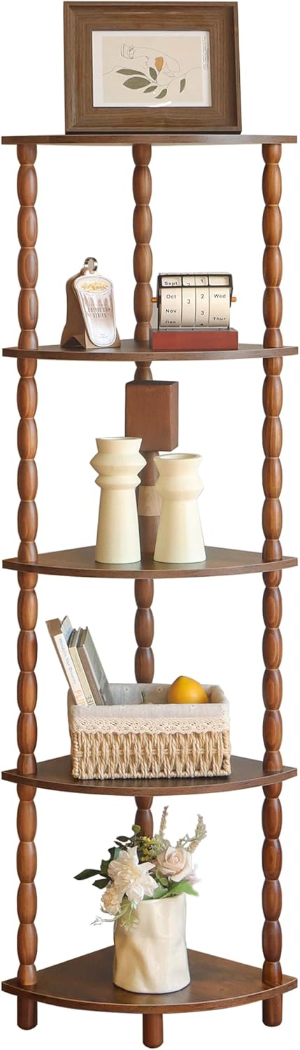 MaxSmeo Corner Shelf, 5-Tier Corner Bookshelf for Small Spaces, Stylish Corner Storage Display Shelves for Bedroom, Bathroom, Kitchen, Living Room (Rustic Brown)