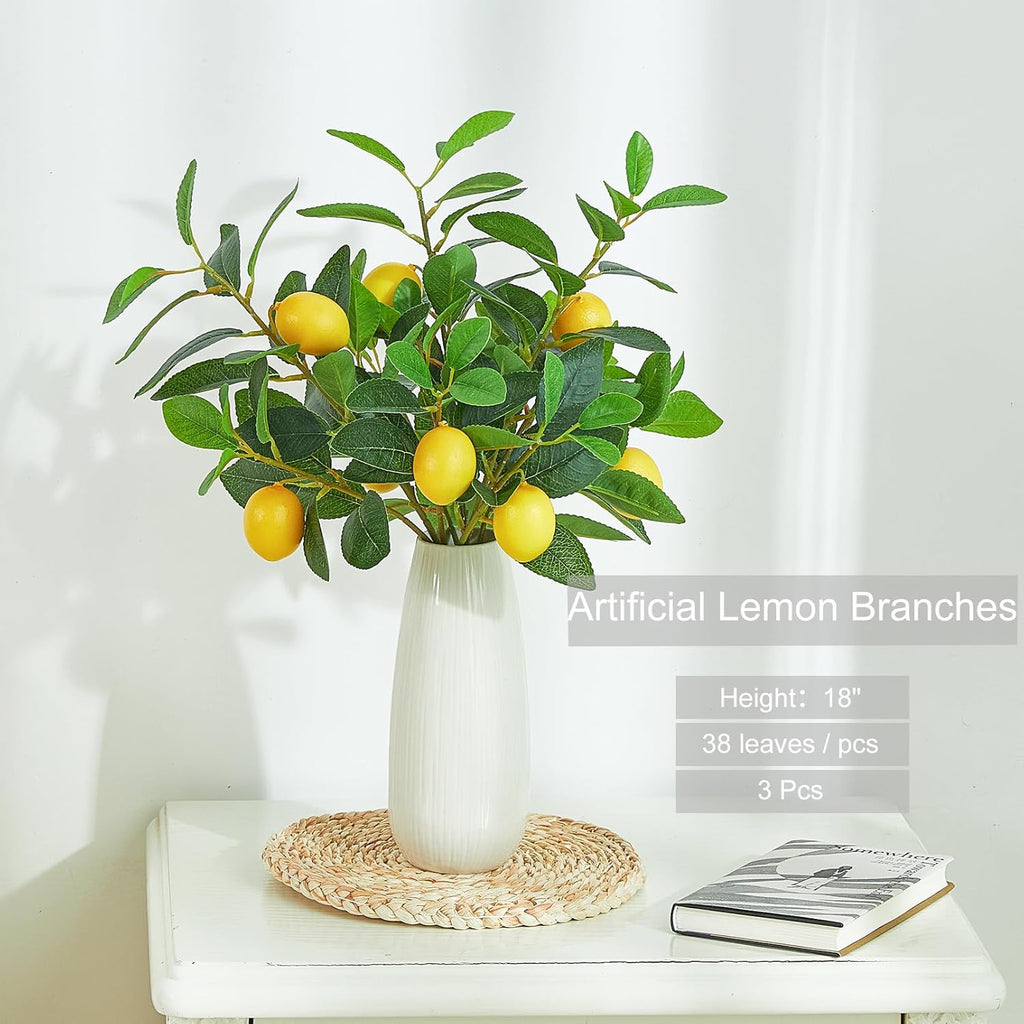 Heleze 3 Pcs Artificial Lemons Tree Branches - Faux Greenery Stems Realistic Lemon Branch with Lifelike Leaves Fake Lemon Plant for Home, Dining Table, Kitchen Decor 18 Inch