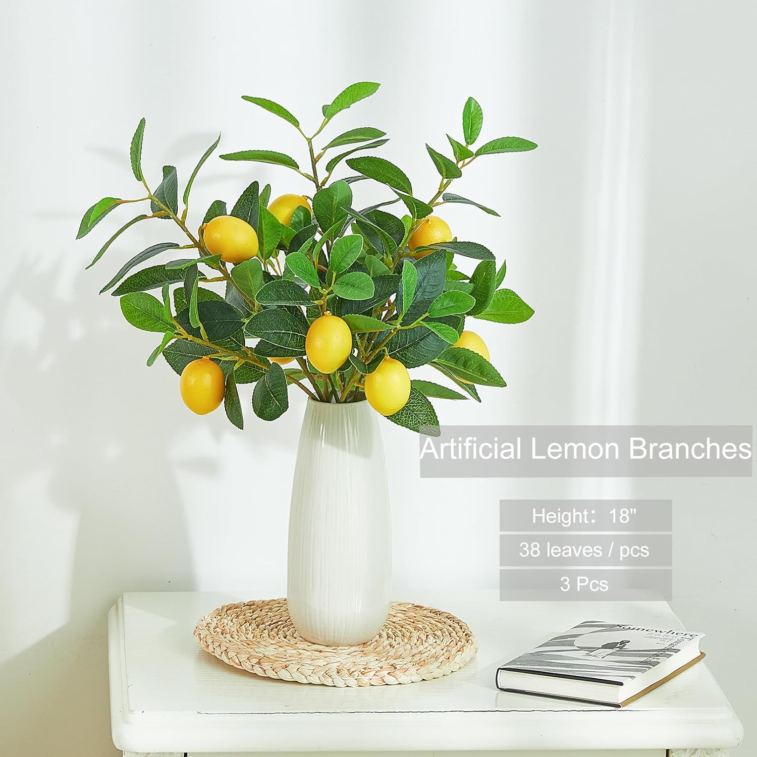Heleze 3 Pcs Artificial Lemons Tree Branches - Faux Greenery Stems Realistic Lemon Branch with Lifelike Leaves Fake Lemon Plant for Home, Dining Table, Kitchen Decor 18 Inch
