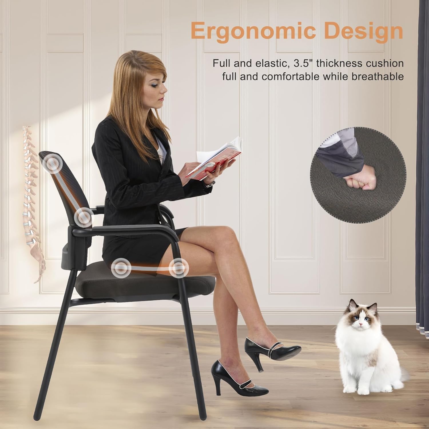 CLATINA New Classic Reception Guest Chair with Mesh Back and Armrests, Ergonomic Stacking Chair with Thickened Seat Cushion for Office Conference Waiting Room, Black (1 Pack)