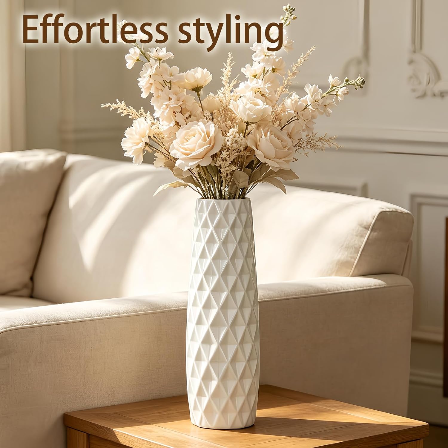 12 Inch White Vase Ceramic Flower Vase, Tall Vases for Pampas Grass, Home Decor, Modern Textured Vases for Living Room Decorations,Table Centerpieces,Shelf,Farmhouse Small Ceramic Vase