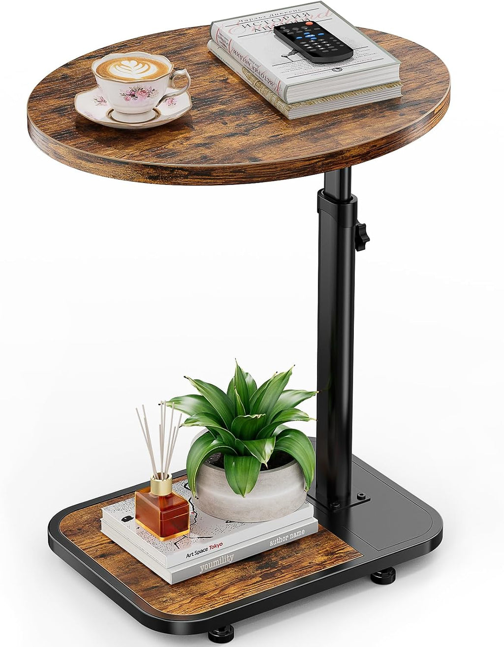 TV Tray Table with Infinite Adjustable Height - C-Shaped Sofa End Side Table for Snack Laptop Desk Small Spaces (Brown)
