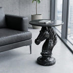 Horse Head Side Table, Faux Marble Round End Table with Resin Sculpture Pedestal Base, Small Accent Table for Living Room Bedroom Office, Modern Glam Decor, Black