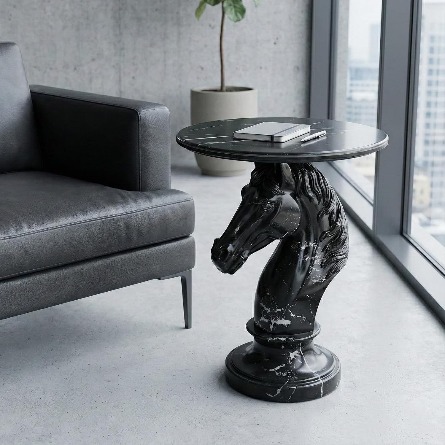 Horse Head Side Table, Faux Marble Round End Table with Resin Sculpture Pedestal Base, Small Accent Table for Living Room Bedroom Office, Modern Glam Decor, Black