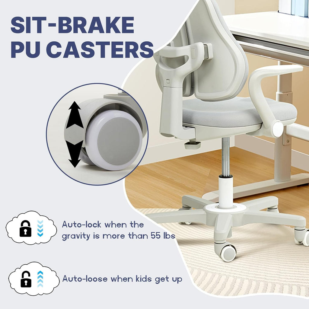 Kids Desk Chair, Ergonomic Study Chair for Kids with Lumbar Support， Adjustable Height, Flip-Up Armrests, Adjustable Backrest for Home Bedroom