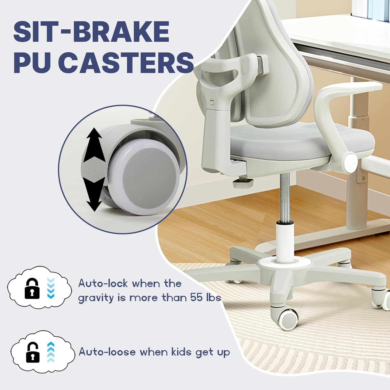Kids Desk Chair, Ergonomic Study Chair for Kids with Lumbar Support， Adjustable Height, Flip-Up Armrests, Adjustable Backrest for Home Bedroom