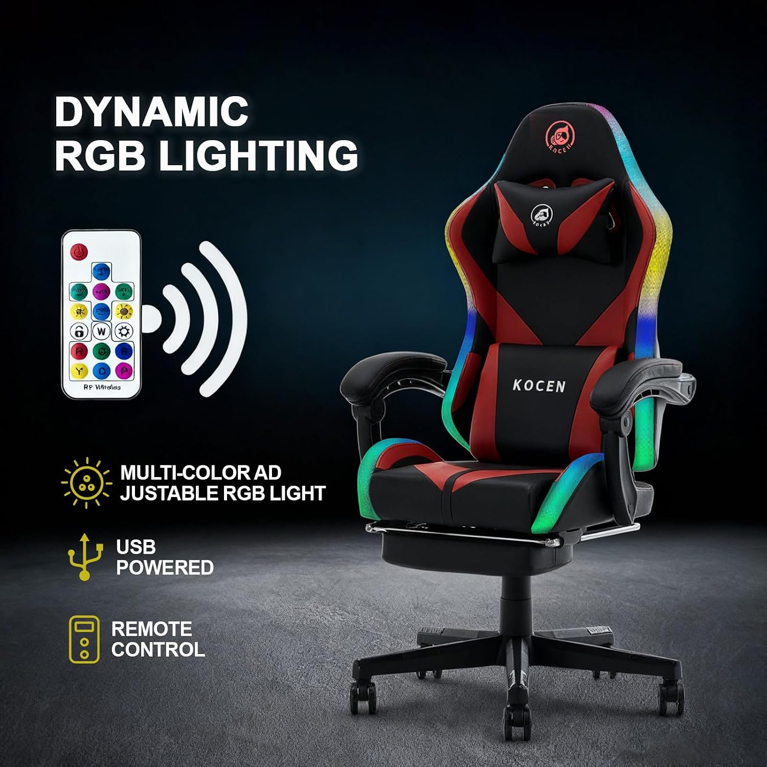 Kechen Gaming Chair, LED Light Gaming Chair with Footrest and Massage, Big and Tall Computer Chair with Lumbar Support, Gaming Chairs for Adults with Pocket Spring Cushion (LED Light, Red/Black)