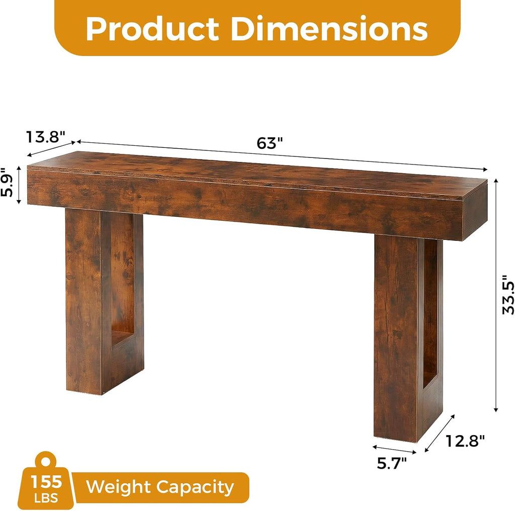DUMOS 63 Inches Console Farmhouse Table for Entryway, Long Console Table Behind Couch, Solid Wood Narrow Entryway Table for Hallway, Living Room, Foyer, Entrance, Easy Assembly, Brown