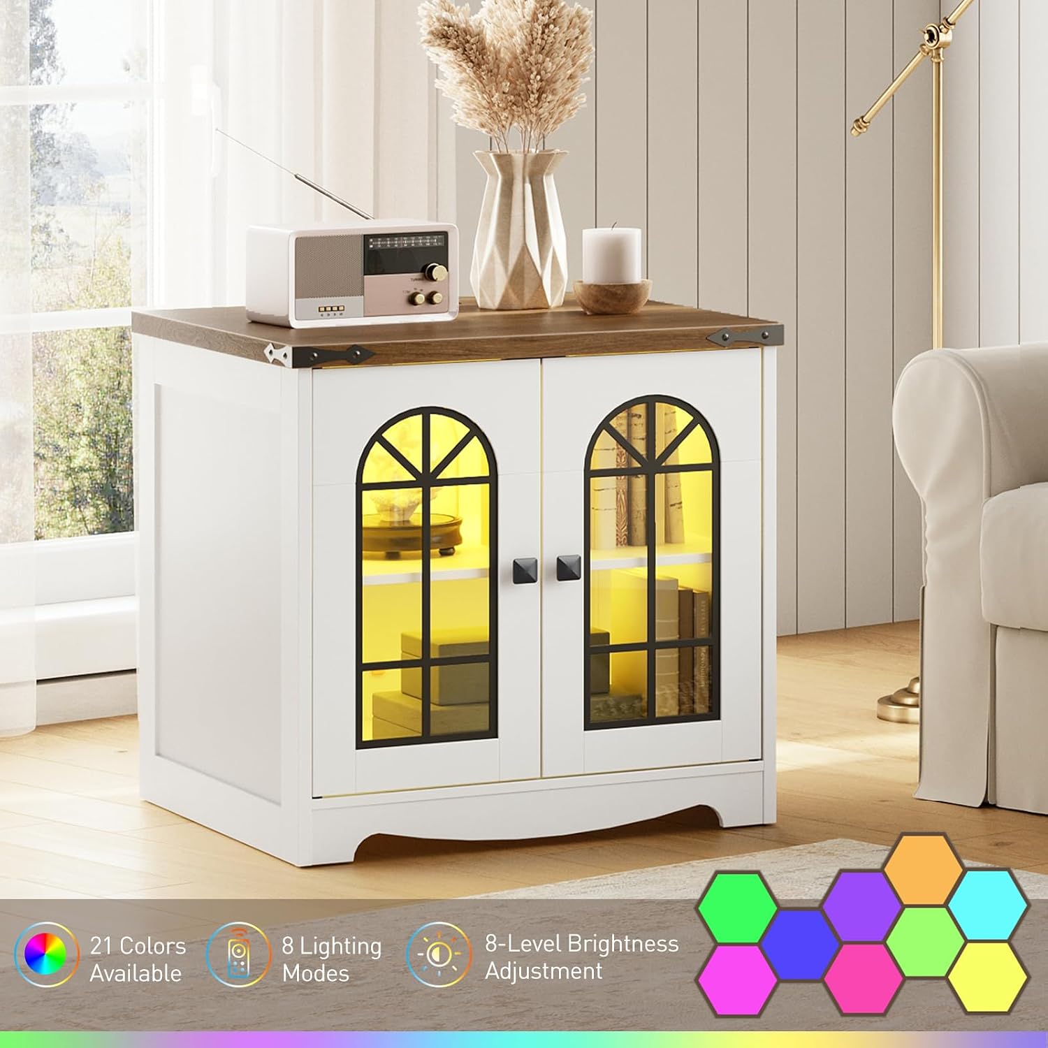 HOOBRO Farmhouse End Table, 23.6" Large Square Side Tables with Charging Station and LED Lights, Large End Table for Living Room, Wooden Nightstand with Glass Barn Door, White and Walnut WH604UDBZ01