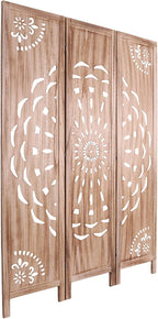 Boho Wood Carved Room Divider 3 Panel 67 Inch, Free Standing Privacy Screen with Anti-Slip Feet, Foldable Partition for Bedroom, Home Office, Headboard and Yoga Backdrop, Brown