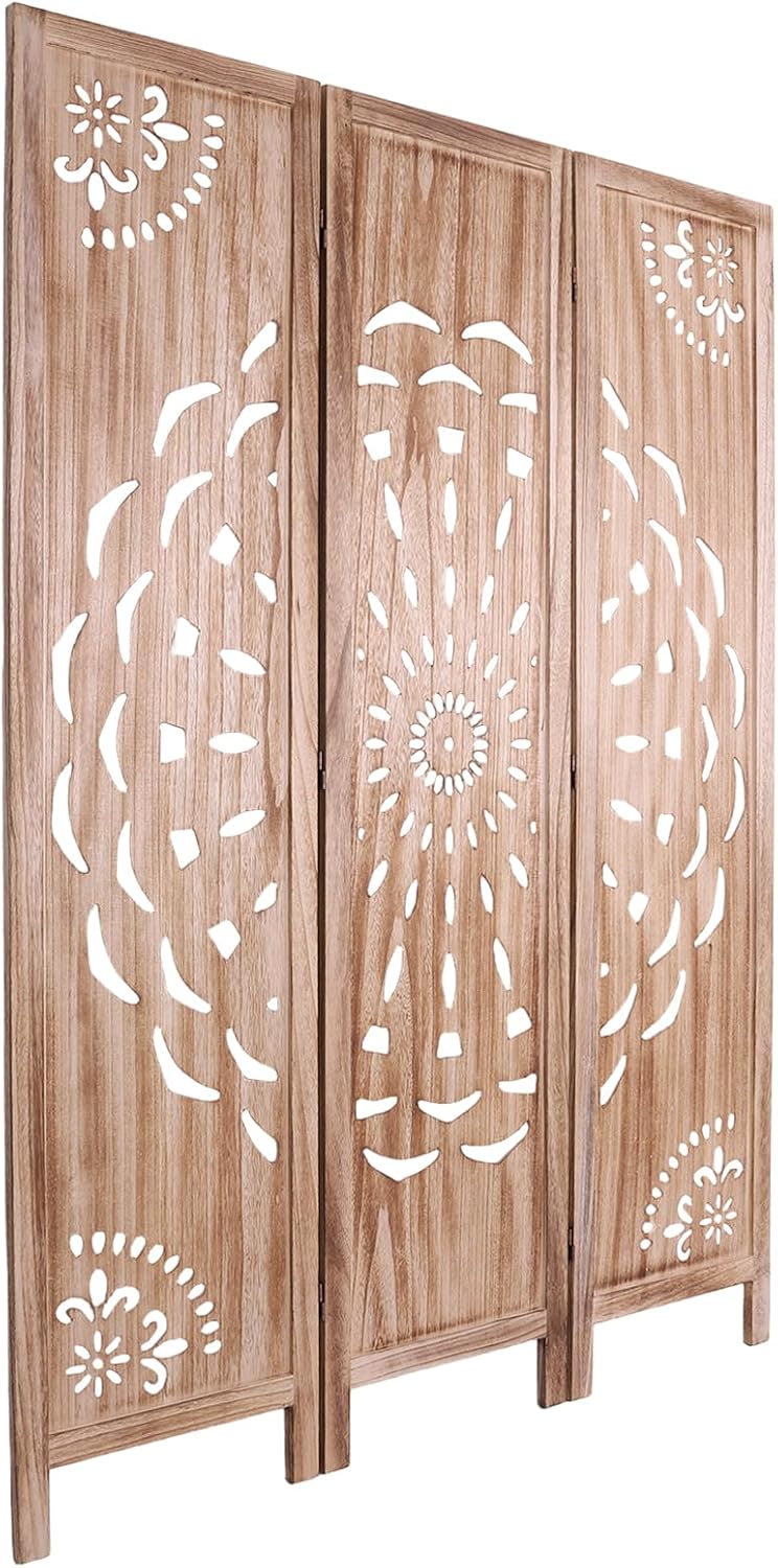 Boho Wood Carved Room Divider 3 Panel 67 Inch, Free Standing Privacy Screen with Anti-Slip Feet, Foldable Partition for Bedroom, Home Office, Headboard and Yoga Backdrop, Brown