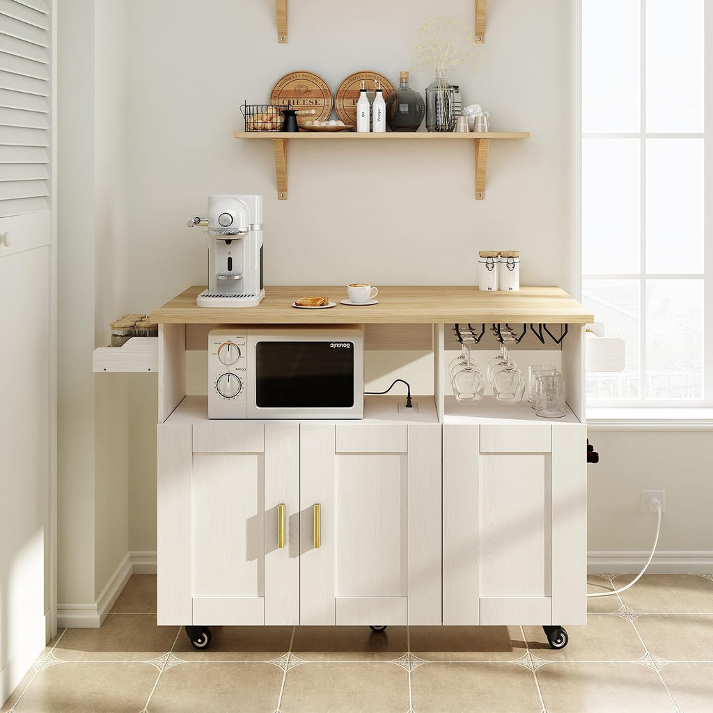 ASTRONAPE Kitchen Island Cart with Drop-Leaf Countertop, Rolling Storage Cabinet with Microwave Stand, Towel Rack & Power Outlet, Mobile Buffet Cart on Wheels for Small Kitchen