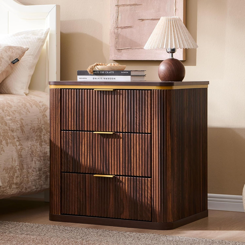 T4TREAM Fluted 3 Drawers Nightstand Set of 2, 24" Large Mid Century Modern End Table, Bedside Table for Bedroom, Living Room, Dark Walnut