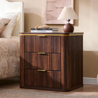 T4TREAM Fluted 3 Drawers Nightstand Set of 2, 24" Large Mid Century Modern End Table, Bedside Table for Bedroom, Living Room, Dark Walnut