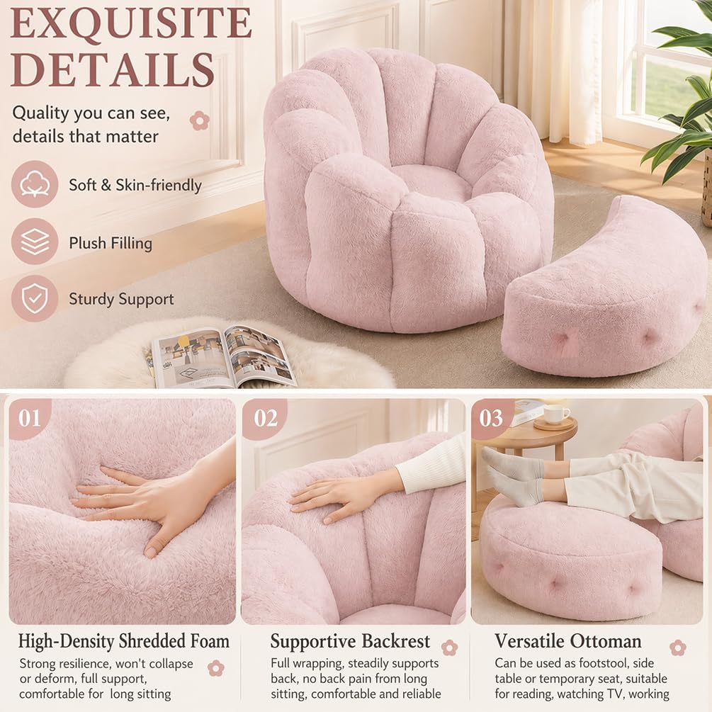 Pink Flower Bean Bag Chair with Ottoman, Fuax Fur Comfy Reading Chair for Bedroom, Fluffy Plush Floor Lazy Sofa for Living Room, Reading Nook
