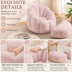 Pink Flower Bean Bag Chair with Ottoman, Fuax Fur Comfy Reading Chair for Bedroom, Fluffy Plush Floor Lazy Sofa for Living Room, Reading Nook